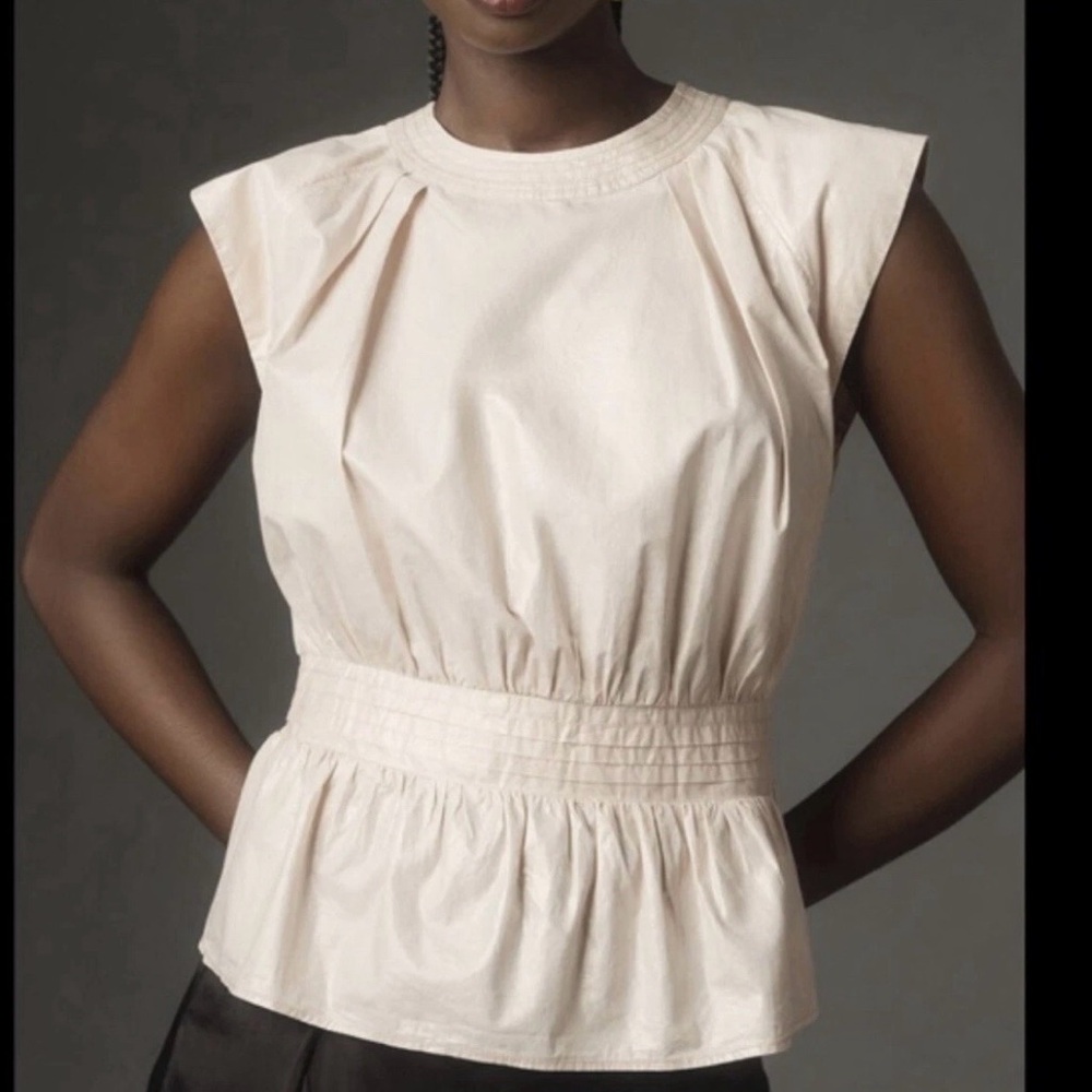 By Anthropologie Womens XL Shell Top Ivory (Pink Tinged) Foil Poplin Cap Sleeve